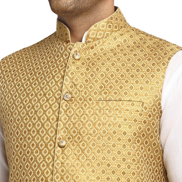 Sleeveless Traditional Brocade Silk Fabric Golden Nehru Jacket by Treemoda - Picture 4 of 5